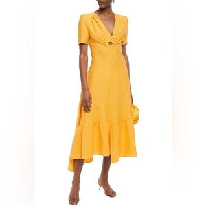 Sandro Tamara Linen Asymmetric Cutout Gathered Twill Midi Dress in Saffron